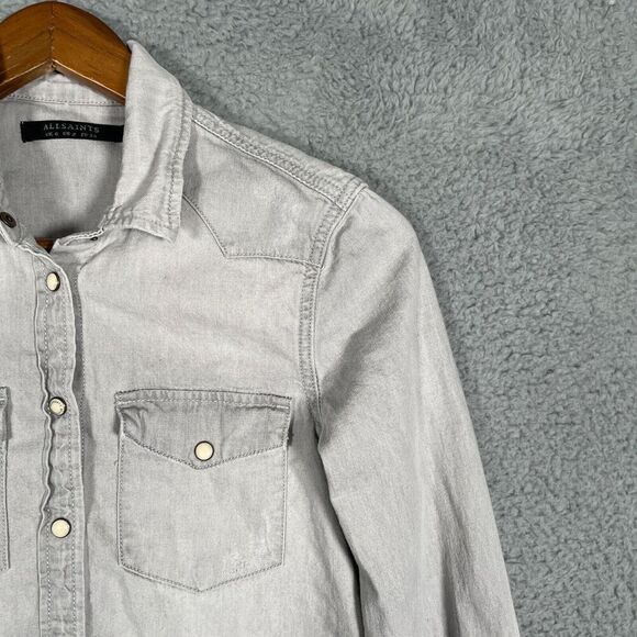All Saints Grey Denim Shirt Womens Size 2 Long Sleeve Snap Button Distressed - Picture 3 of 12
